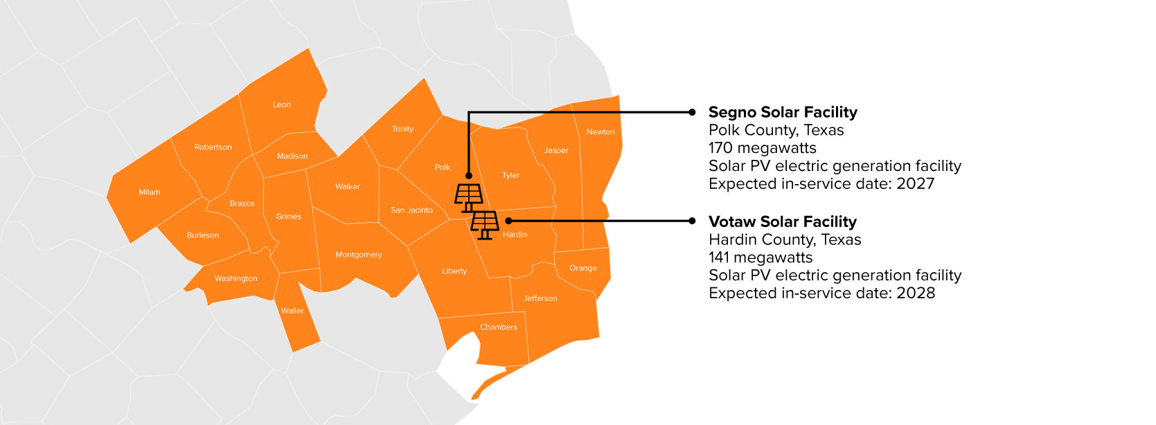 Entergy Texas Segno and Votaw Solar Facilities Map of Southeast Texas with Segno and Votaw Solar facilities
